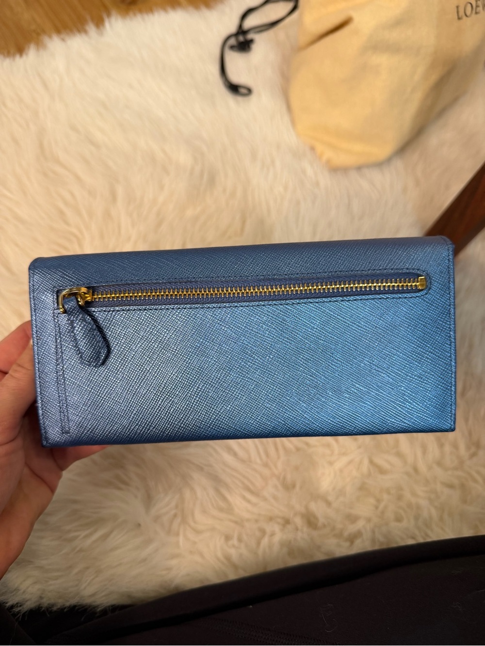Prada Blue Saffiano Leather Flap Wallet with Gold Logo - Picture 3 of 3